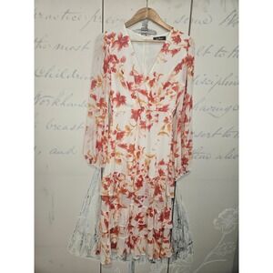 Lulus Floral Tiered Ruffle Midi Dress White Orange Red Size S Long Sleeve